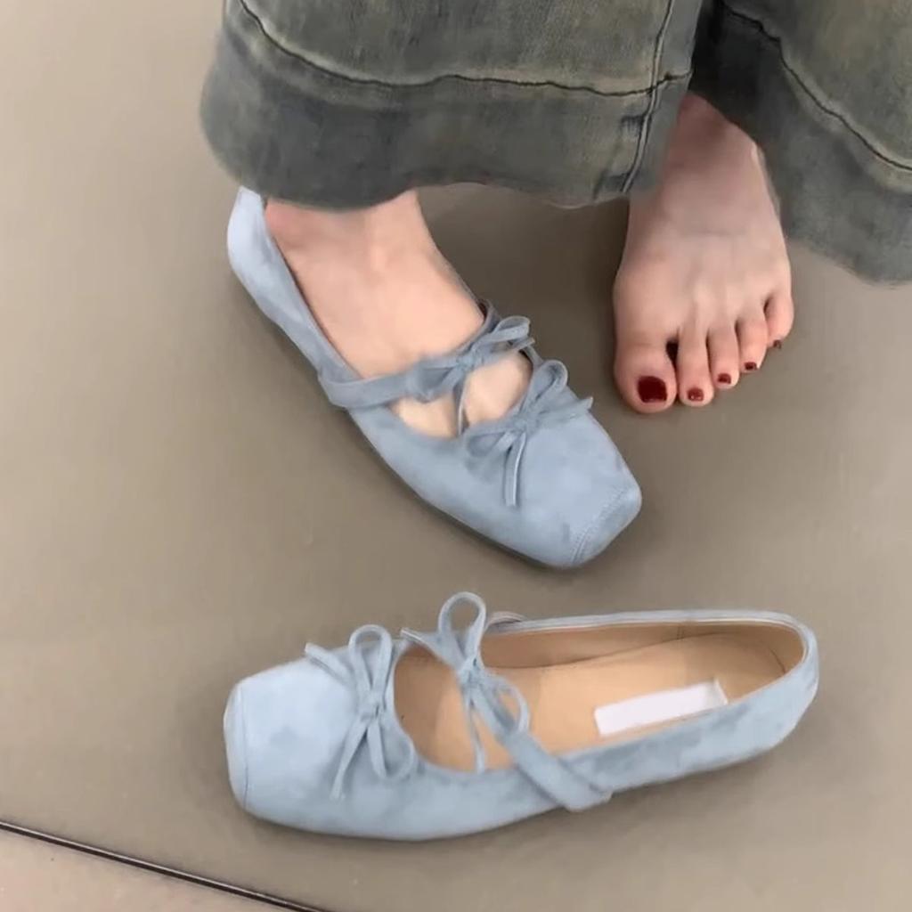Sheepskin Version~ Square Head Bow Ballet Shoes Gentle French Inner Height Increase Mary Jane Shoes Evening Wind Shallow Mouth Single Shoes