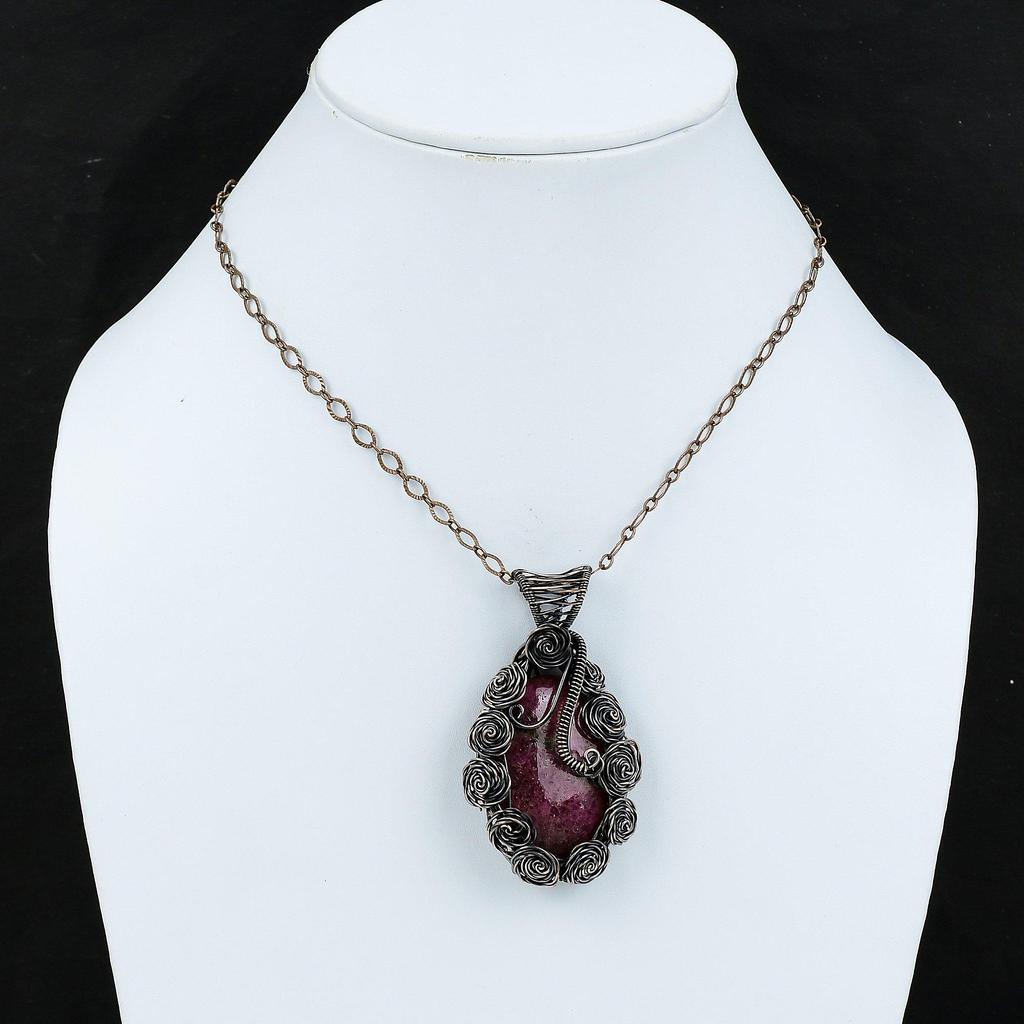 Родонитовый кулон, обернутый медной проволокой, кулон из натурального драгоценного камня, изящное медное украшение, кулон ручной работы, подарок для него, обернутый проволокой, ювелирные изделия