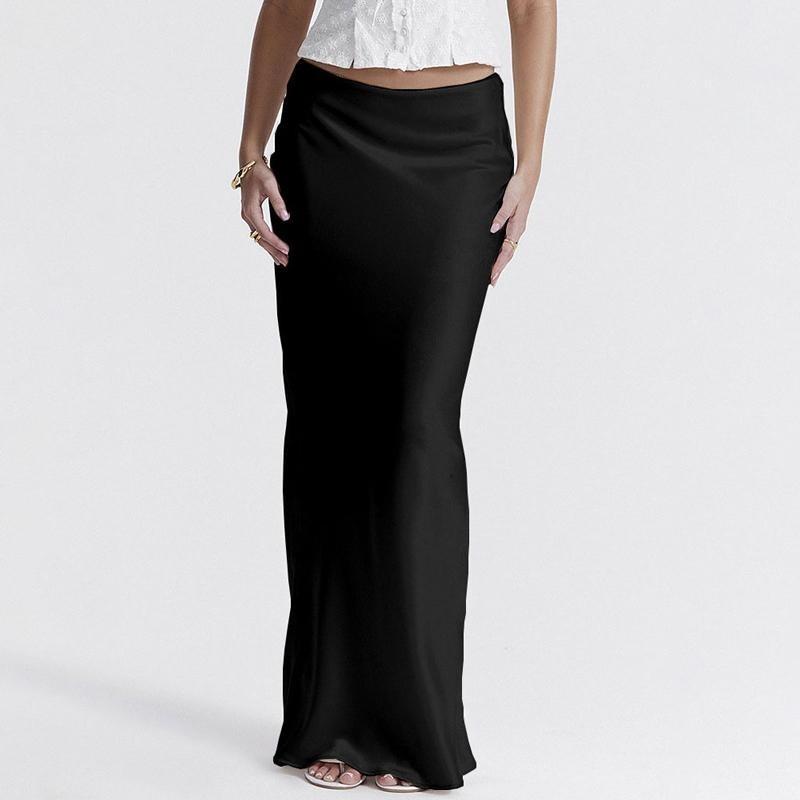 Черная атласная юбка-макси для женщин, высокая талия, кружевные боковые тонкие облегающие юбки-карандаши, женская элегантная клубная вечерние юбка