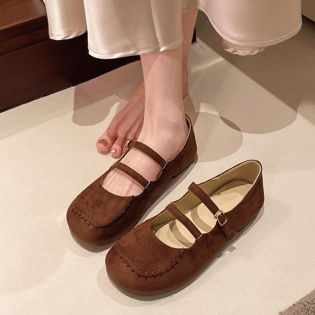 Ретро уродливые милые туфли Loafu Doudou на плоской подошве для женщин 2025 новые двубортные туфли Mori с пряжкой на неглубокой подошве для женщин