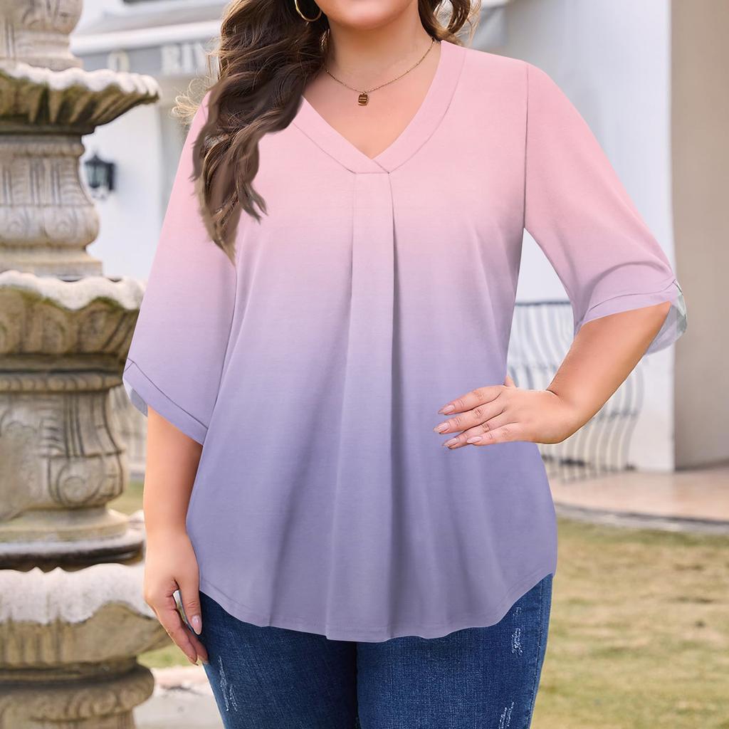 Women's Fashion Large Size Print V-Neck Three-quarter Sleeve Top