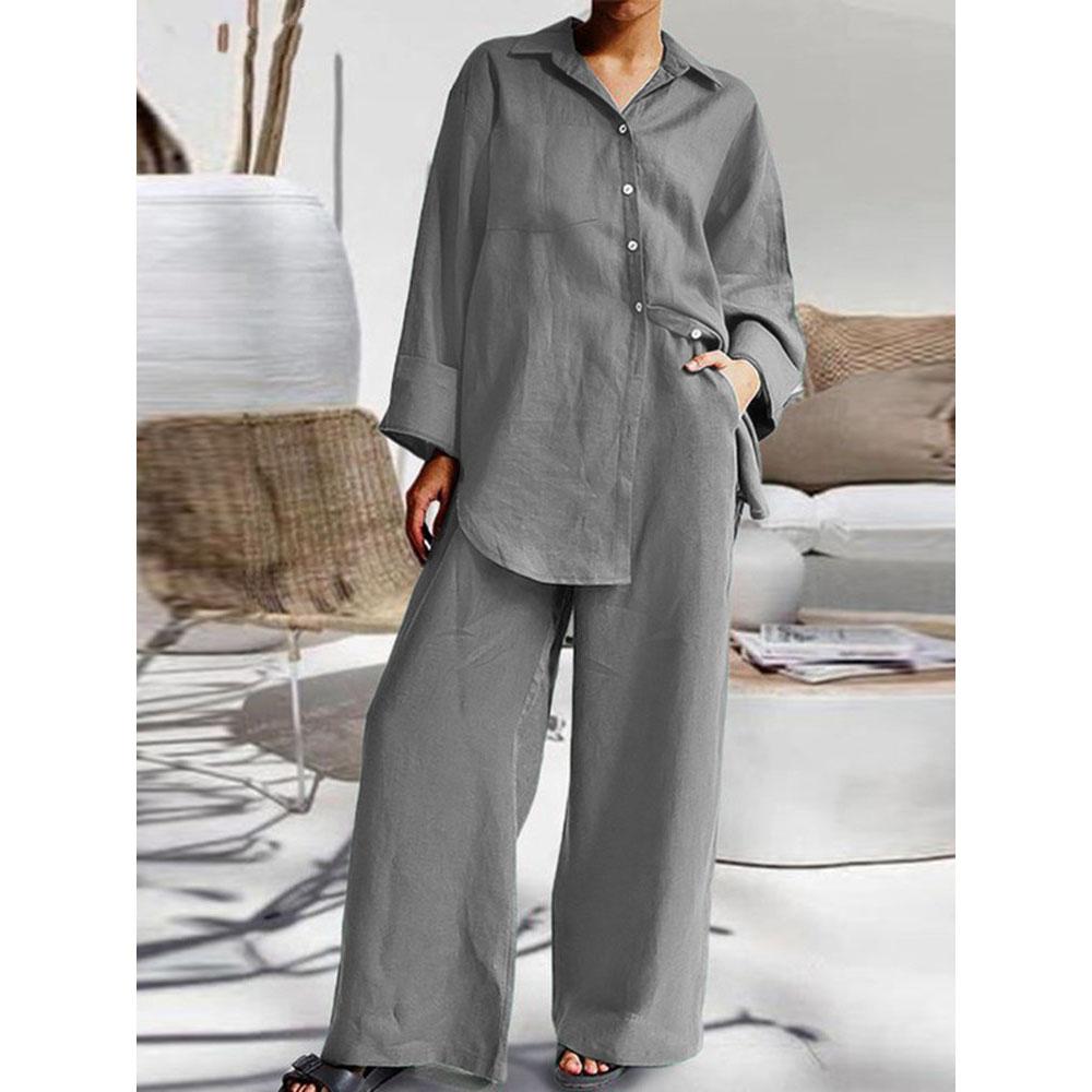 Cotton Set Women's Suit Casual Lapel Shirt Top Blouse Loose Trouser Two-piece Set For Women Elegant Outfits Pants Women's