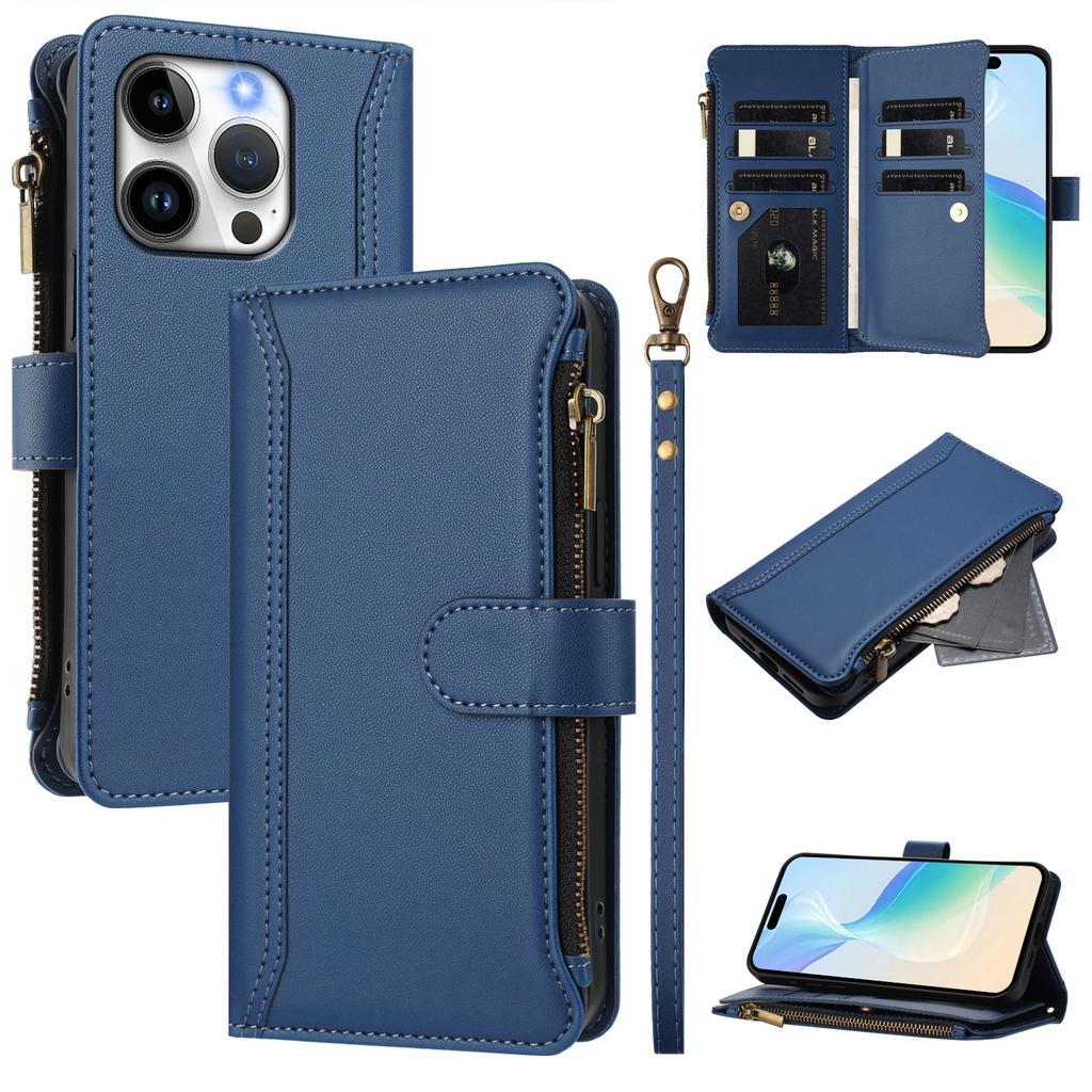 For iPhone 15 Pro Leather Case 9 Card Slots Zipper Wallet Stand Phone Cover with Wrist Strap