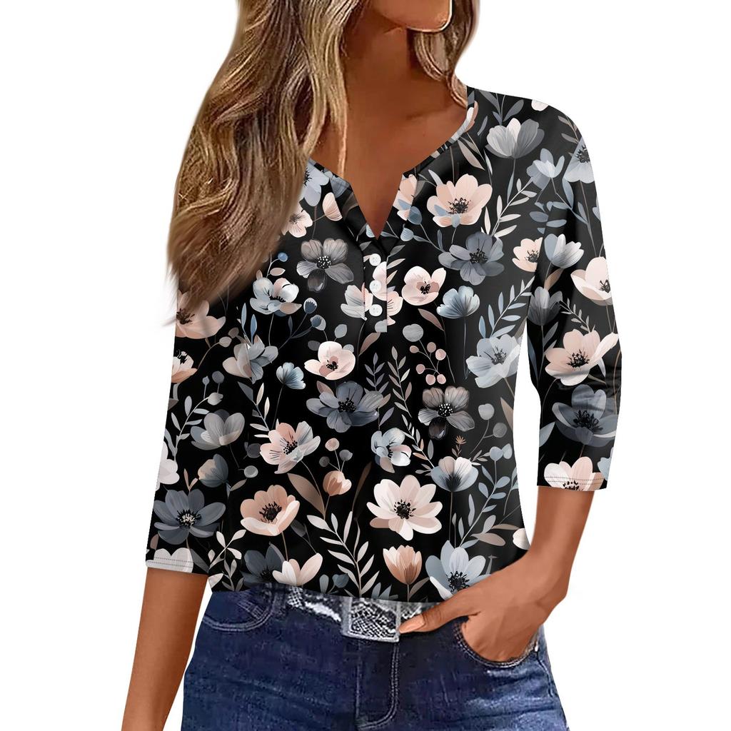 Women's T Shirt Print Button 3/4 Sleeve Daily Weekend Fashion Basic V- Neck Regular Top