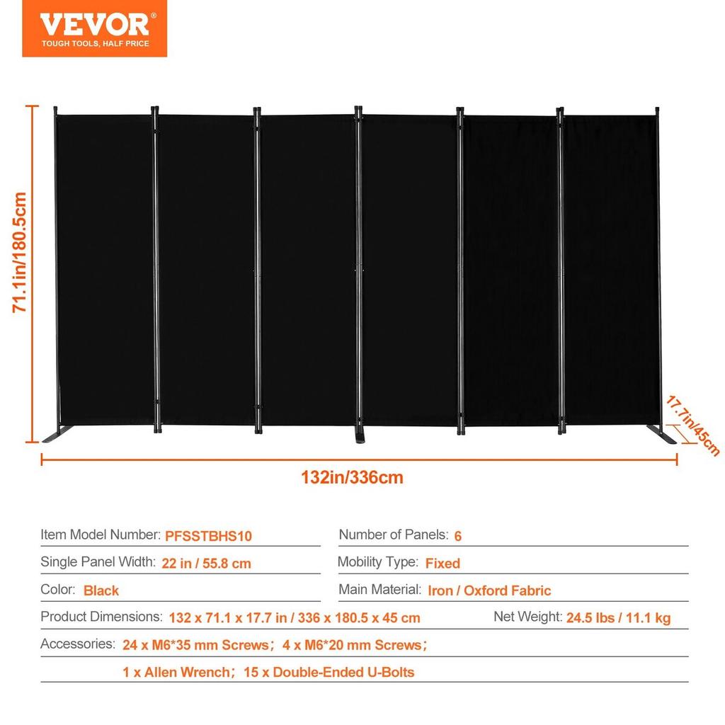 Room Divider 6 Panels Fabric Room Privacy Screen for Office Bedroom Black