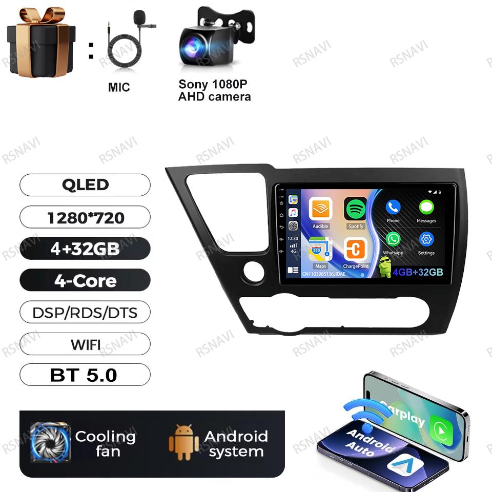 Car Radio Android 16 For Honda Civic 9 2013 2014 2015 2016 Head Unit QLED Qualcomm Video Player GPS Stereo Wireless Carplay Auto