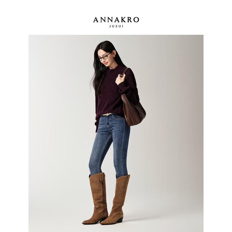 JUZI ANNACO Women's Elegant Vintage Cable Knit Half-High Collar Wool Pullover Sweater