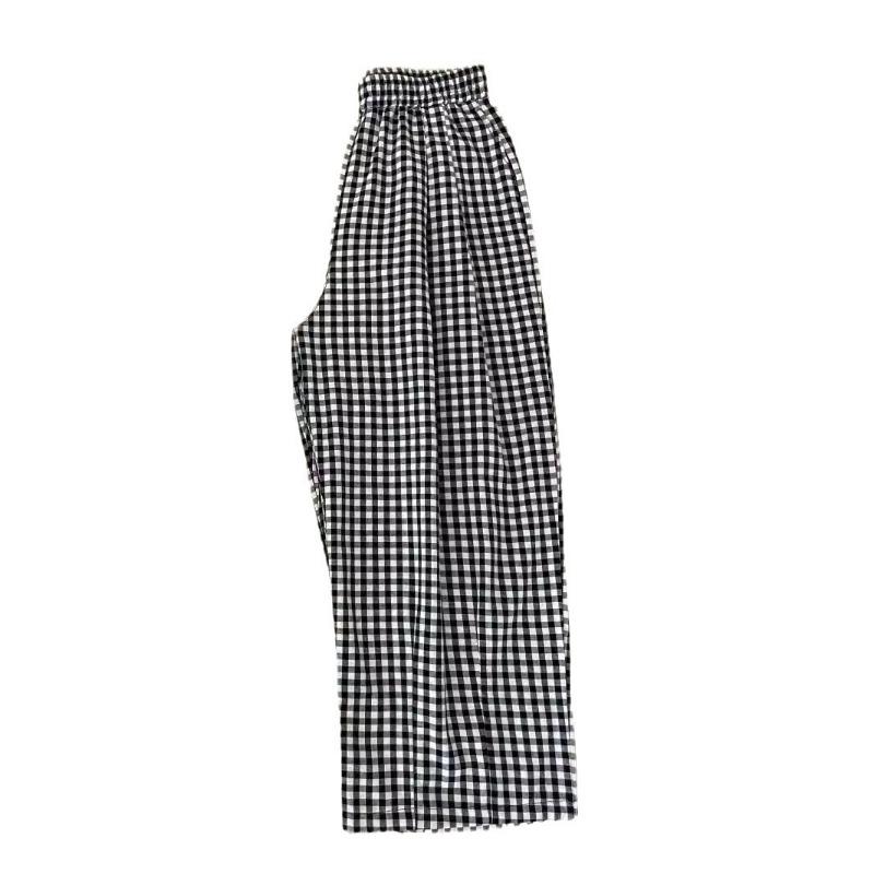 Black and white plaid pants women's summer thin new high-waisted and thin casual cotton and linen small nine-point grandma pants