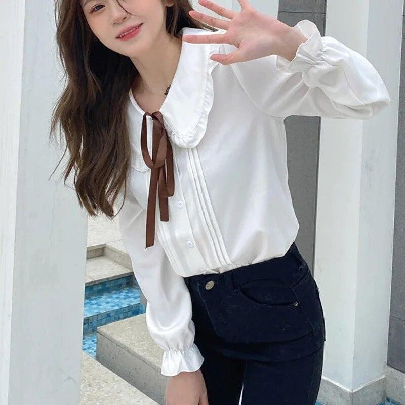 2024 модная женская белая рубашка с длинным рукавом, элегантная шифоновая блузка, женские корейские милые женские топы с бантом на воротнике, одежда Blusas 24163
