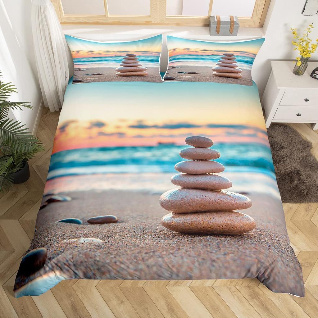 Комплект пододеяльника Zen Sandy Beach Meditation Комплект постельного белья Zen Stones Покрывало для одеяла Спокойное произведение искусства природы Покрывало для квилтинга Полный размер