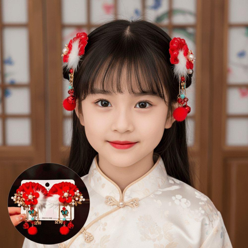 1 Pair Pearl Hanfu Red Hair Clips Flower Bow Tassel Hairpin New Year Headwear Children
