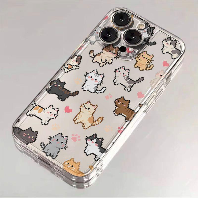 Прозрачный противоударный чехол для телефона для IPhone 17 16 15 14 13 12 11 Pro Max IPhone 16 15 14 Plus Очаровательные пиксельные котята