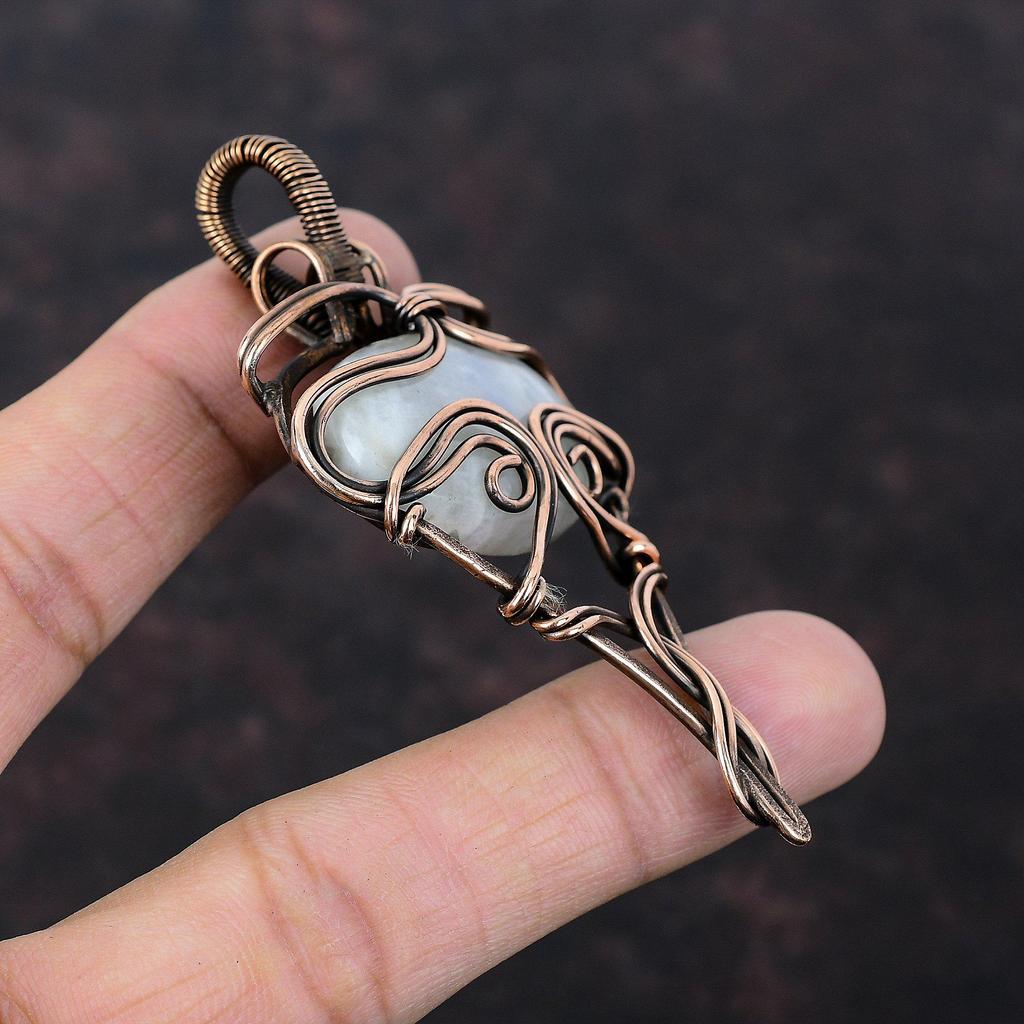Подвеска Rainbow Moonstone, обернутая медной проволокой, подвеска Rainbow Moonstone, ювелирные изделия Handmade, кулон в подарок для женщин, ювелирные изделия из медной проволоки