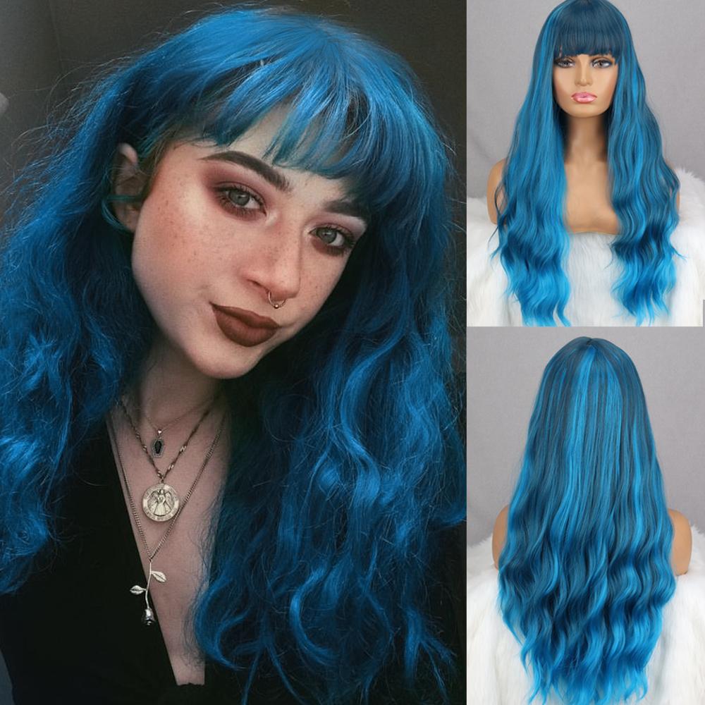 MISS WIG Grey Wig Long Wavy Wig with Bangs Synthetic Fiber Long Water Wave Wig for Women Daily Wear