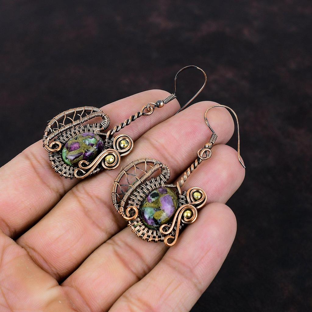 Серьги из медного рубина и цоизита, серьги из медной проволоки, ювелирные изделия из драгоценных камней, серьги ручной работы, серьги-подвески, удивительные медные украшения, подарок для мамы