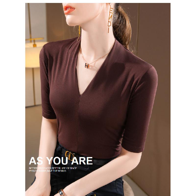 New mid-sleeve women's t-shirt 2026, elegant V-neck inner layer, stretchy base shirt, slim-fit waist top