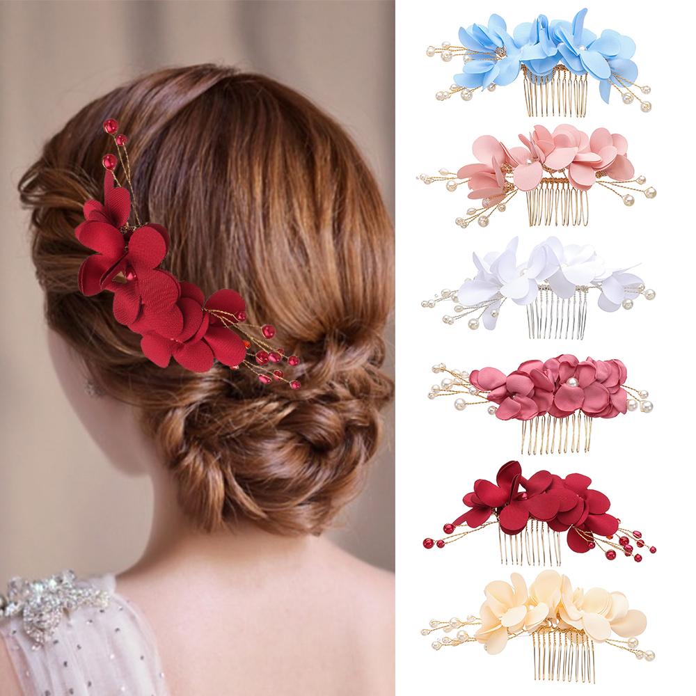 Romantic Wedding Hair Jewelry Bridesmaid Tiara Hair Combs Bridal Clips Red Flower Hair Pin