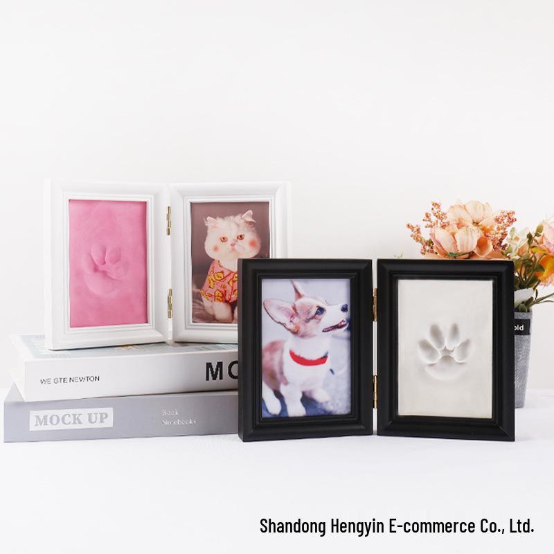 Pet Paw Print Clay and Photo Frame - Solid Wood Two-Fold Keepsake Ornament