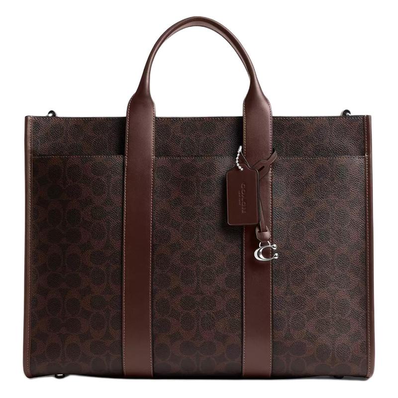COACH WesleySignature 41 Finished Classic Presbyopia Print Design Tote Bag Tote Bag Shopping Bag Coated Canvas and Leather Handbag Large Men's Brown