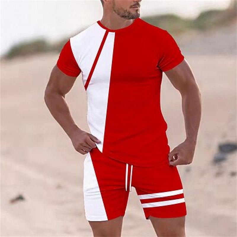 Мужские футболки Костюмы Спортивный костюм Футболка Набор Цветных блоков На открытом воздухе Уличный с коротким рукавом Одежда из 2 предметов Одежда Спортивная мода Повседневная