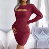 Осень-зима сексуальное полое твист с высокой талией и круглым вырезом с длинными рукавами, однотонное вязаное платье-свитер на бедрах SL