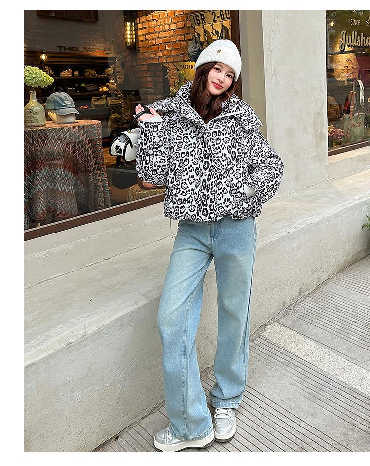 2026 Winter-Autumn Women's Leopard Print Short Cotton Jacket with Stand Collar