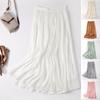 Women Maxi Skirt Elastic Waistband Mid-rise Long Skirt Solid Color Ice Silk A-Line Pleated Skirt Party