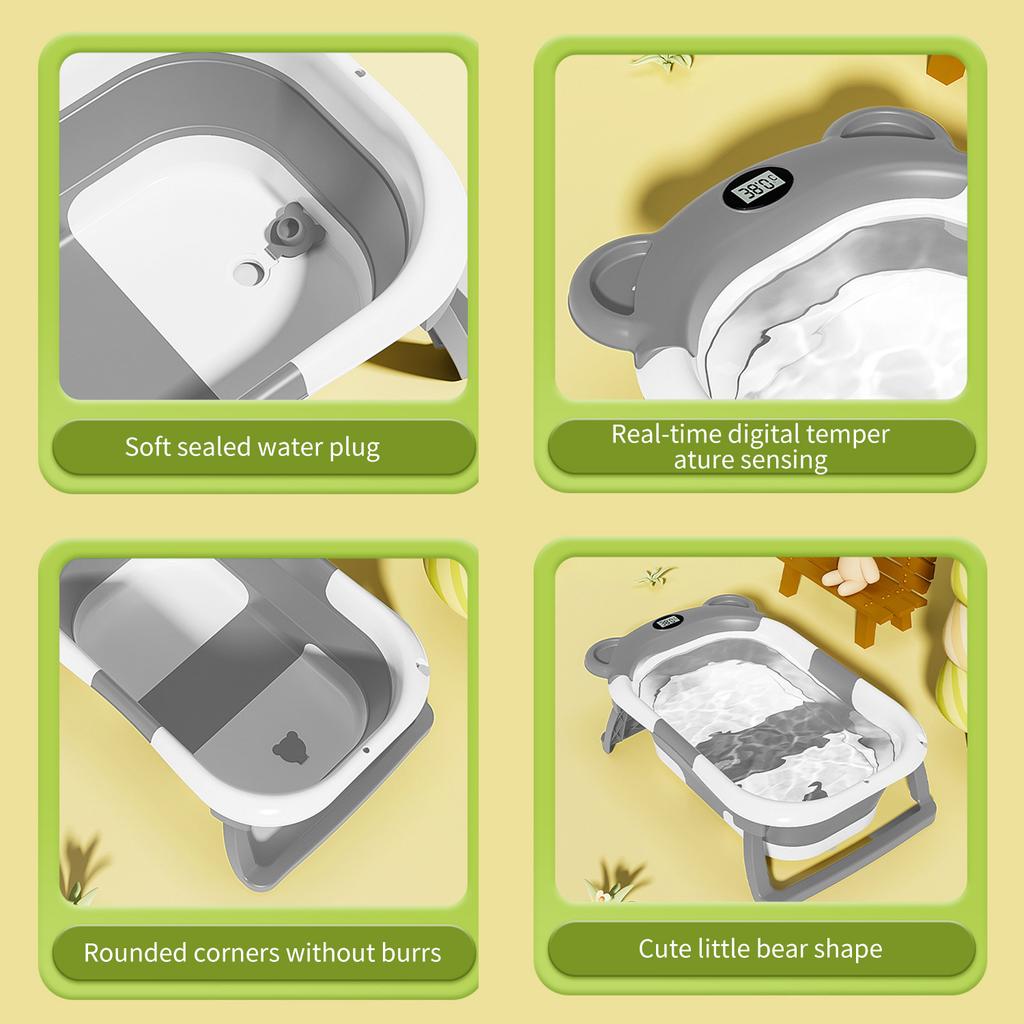 Складная силиконовая детская ванночка Экологичная детская ванночка Мягкая подушка Термометр Водонепроницаемая Цифровое измерение температуры