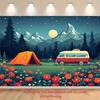 2D Фон для приключенческой фотосессии: Кемпинг с оранжевой палаткой, ретро-фургон, фон с полевыми цветами