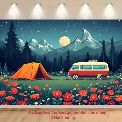 2D Фон для приключенческой фотосессии: Кемпинг с оранжевой палаткой, ретро-фургон, фон с полевыми цветами