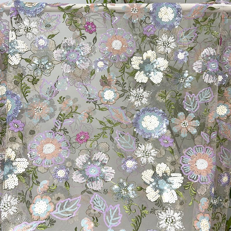 Floral Embroidery Fabric Thin Tulle Lace Wedding Dress Diy Fabric Chic Sequin Flower Embroidered Beads Clothing Accessories