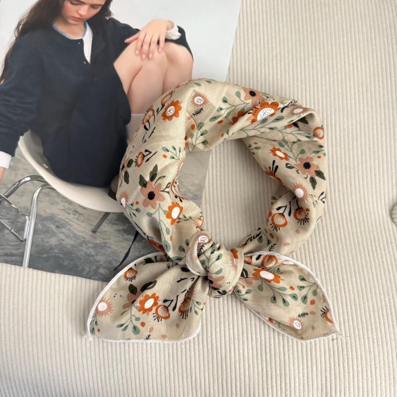 Premium 90Cm Floral Large Square Scarf Cotton And Linen Silk Scarf Women'S Headscarf Thin Scarf Sun Protection Shawl Outer Yarn