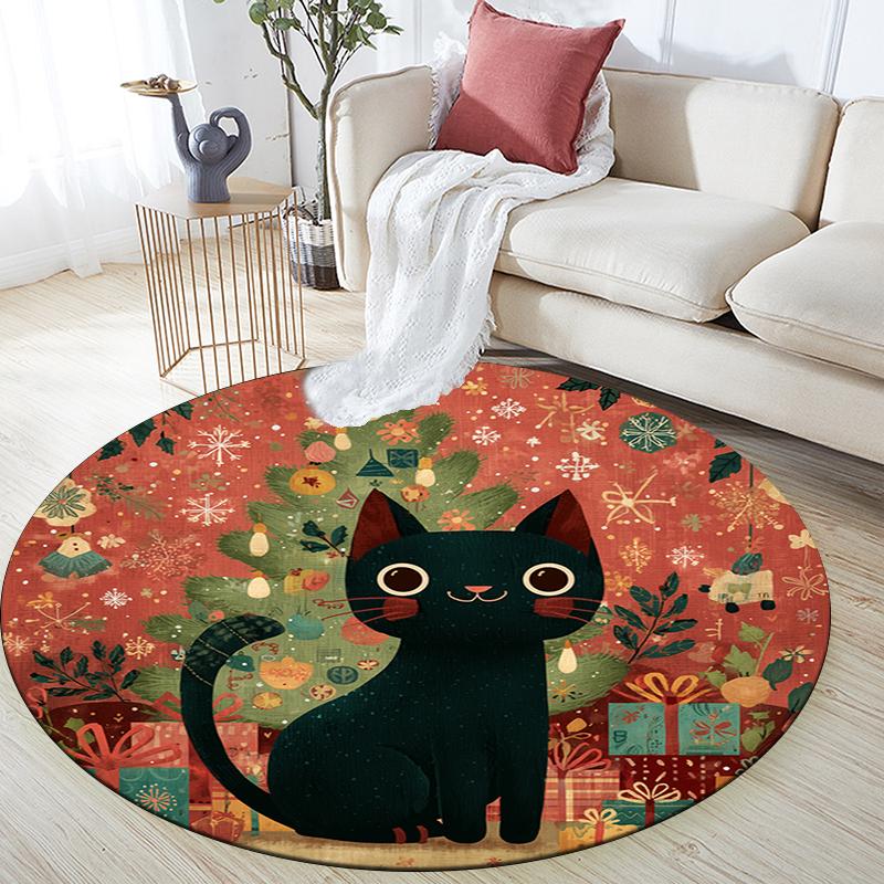 Christmas cat pattern round rug,Carpet Rug for Living Room Bedroom Playroom ,Non-slip Floor Mat,Holiday Gifts and Birthday Gifts.