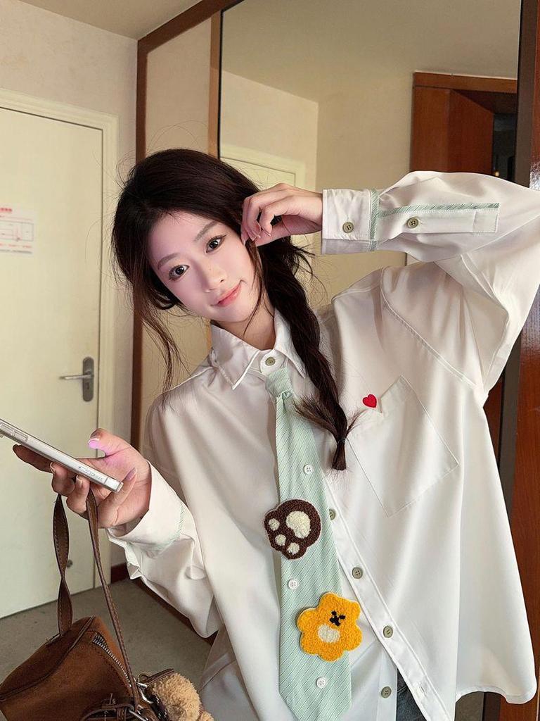 Женская белая рубашка-поло с галстуком - Колледж-стиль, Защита от солнца, Для носки с весны по осень