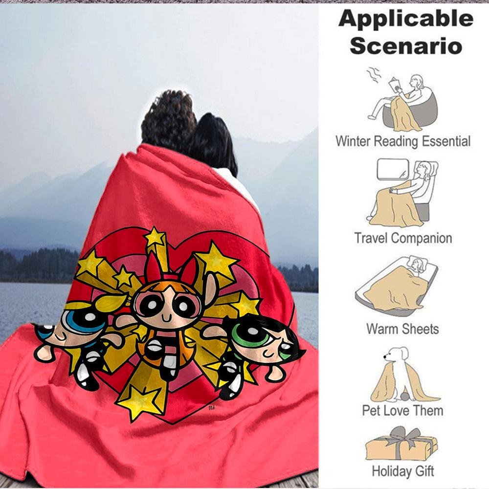 1pc Powerpuff Girls Blanket Lightweight Flannel Throw For Sofa, Bed, Travel, Camping, Livingroom, Office, Couch, Chair, And Bed