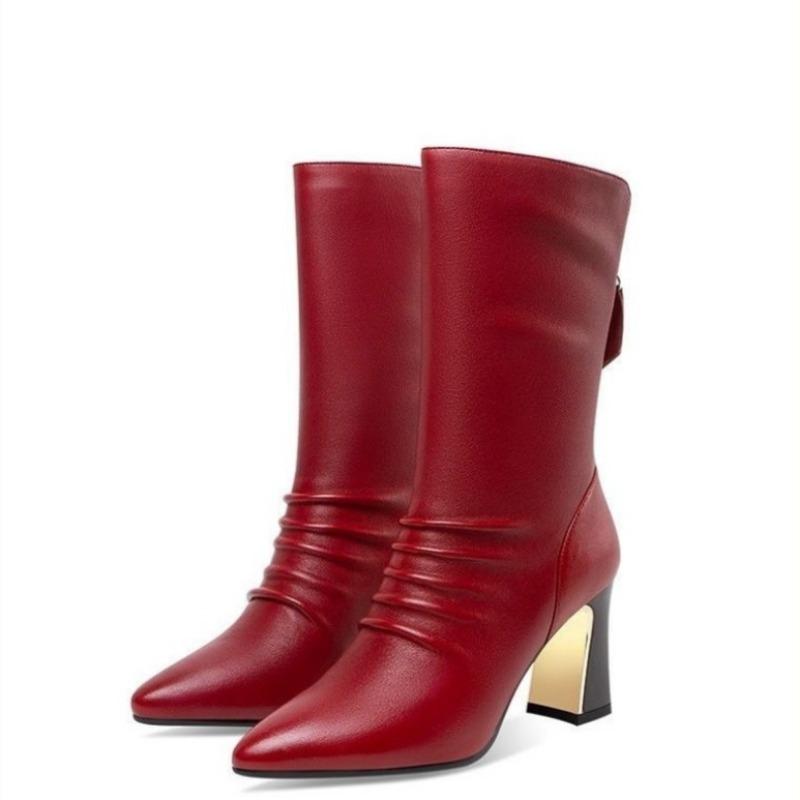 Fashion Mid Calf Shoes Woman Leather High Heels Big Red Elegant Heeled Pointed Toe Half Boots Women Demi-season Sale Designer Luxury Y2k