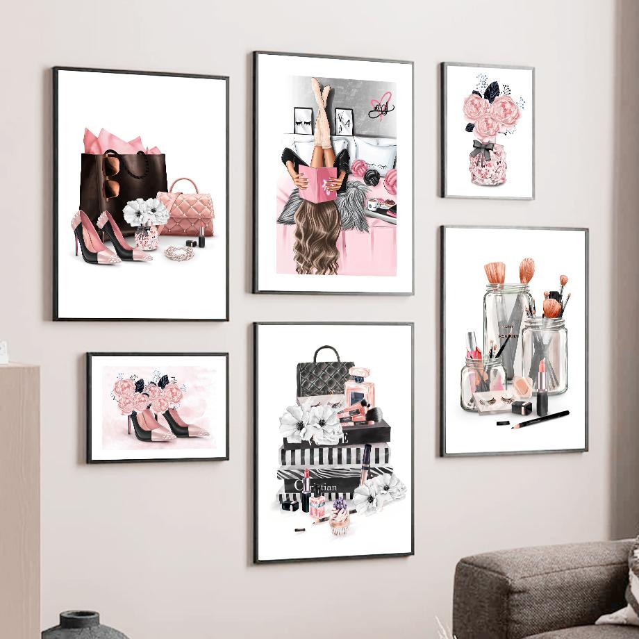Модная девушка Париж Духи Каблуки Губная помада Макияж Искусство Холст Картина Плакаты на скандинавскую тему и принты Настенные картины Декор в гостиную без рамки