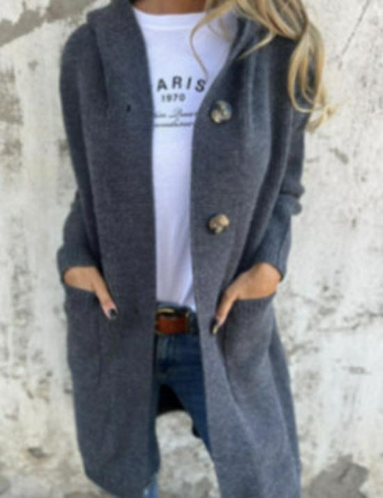 Women's Autumn/Winter Hooded Knitted Cardigan Sweater with Pockets and Buttons - European & American Style