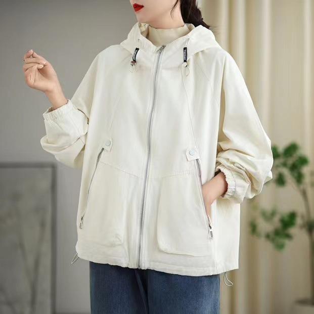 Johnature Woman Autumn Vintage Loose Casual Personality Coat Zipper Solid Color Long Sleeves Hooded Coat