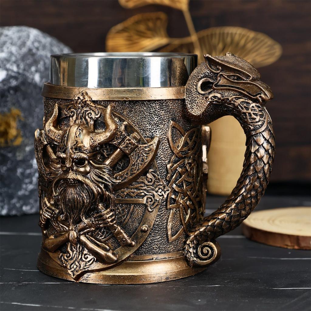 600ML Medieval Valhalla Viking Stainless Steel Nordic Viking Barrel Dragon Boat Warrior Horn Skull Beer Mug Beer Coffee Cup
