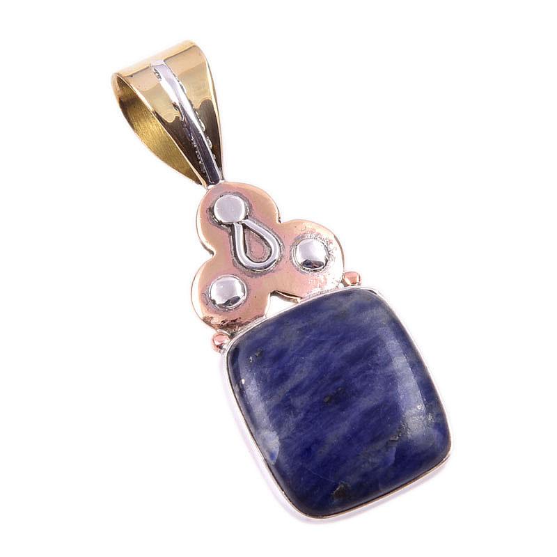 Natural Sodalite Gemstone 925 Solid Sterling Silver Two Tone Pendant 1.50" b4B53
