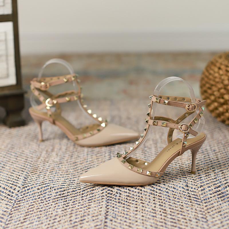 Туфли на высоком каблуке из лакированной кожи с заклепками, сексуальные босоножки с острым носком на высоком каблуке, босоножки на тонком каблуке для женщин