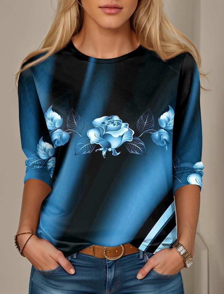 Женская футболка с цветочным принтом, красный, синий, фиолетовый, топы с длинным рукавом, модные на выходные, с круглым вырезом, стандартный крой, весна и осень
