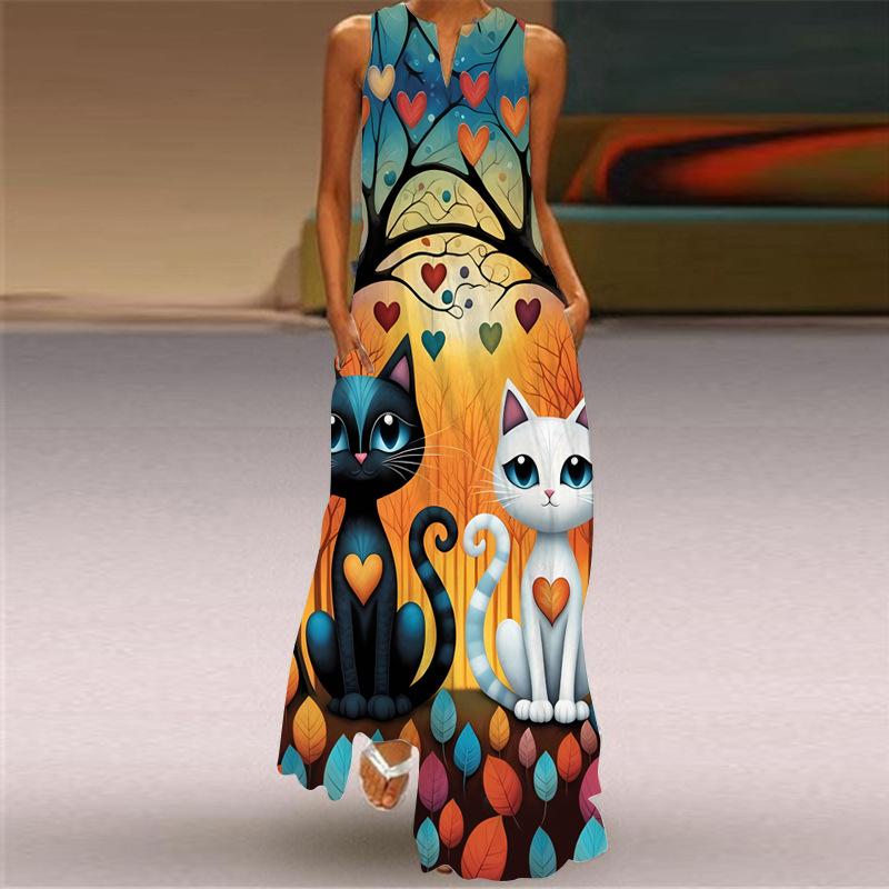 2026 New Summer Women's Sleeveless V-Neck Printed Sexy Dress Long Dress European and American Women's Clothing