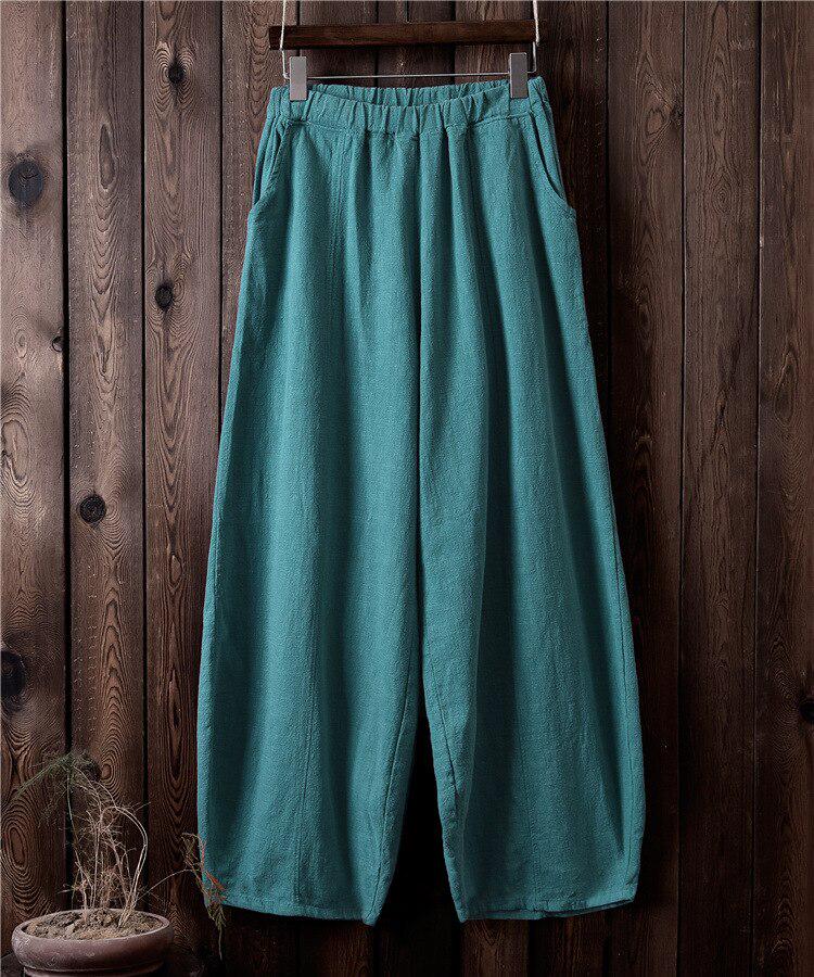 Autumn Solid Color Casaul Pockets Loose Pants Women Vintage Elastic Waist Cotton Linen Pants