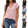 Ladies Ruffles Short Sleeve V Neck Fashion Solid Color Pullover Chiffon Shirt Top