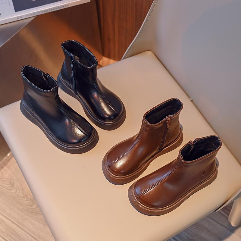 Children Fashion Boots Simple Style Girls Ankle Boot Causal Black Kids Short Leather Boots Side Zipper Autumn Winter 2024 New