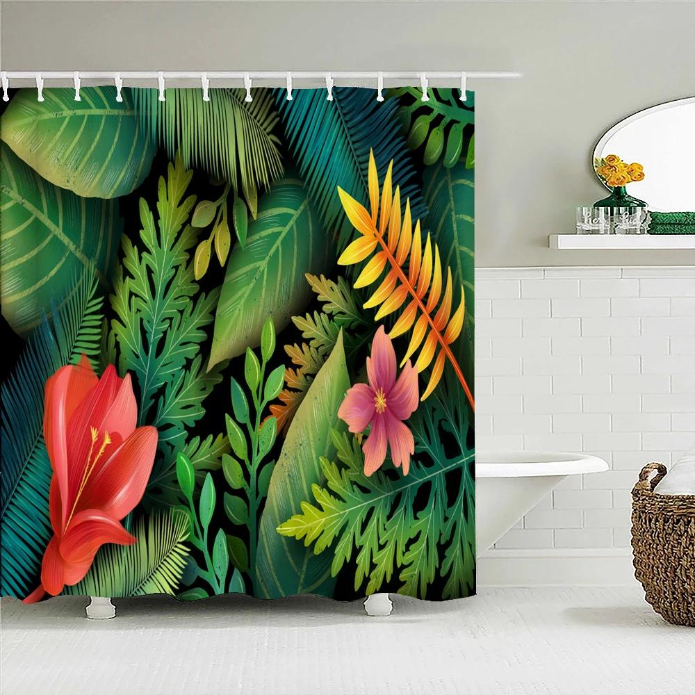 Tropical Plant Leaves Bath Curtain Waterproof Fabric Shower Curtains Colorful Palm Leaf Print Bathtub Screen for Bathroom Decor