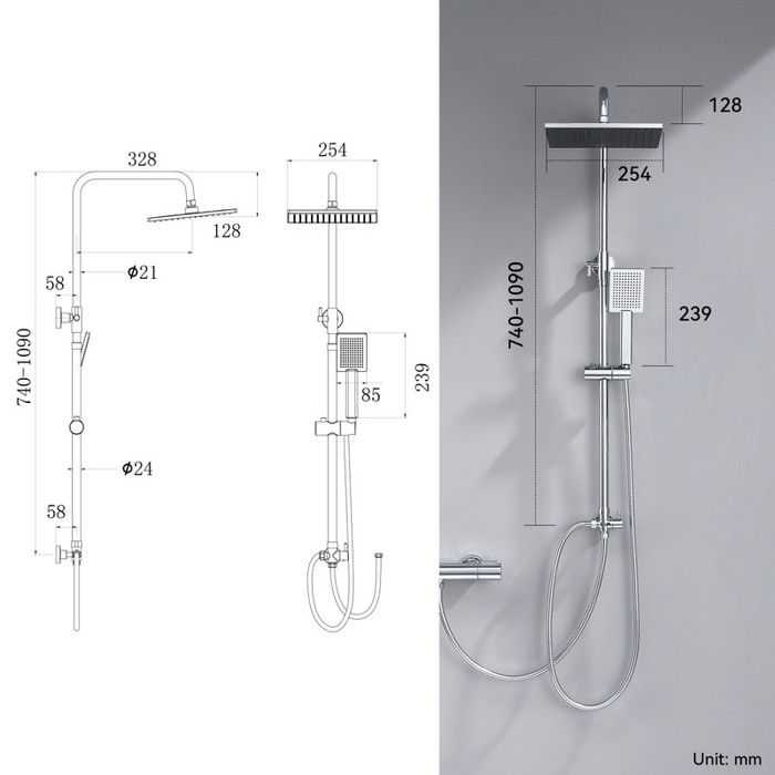 Colonne de Douche - DERW - Max - Douchette à Main - Chromé - Hauteur Réglable 74-109 cm