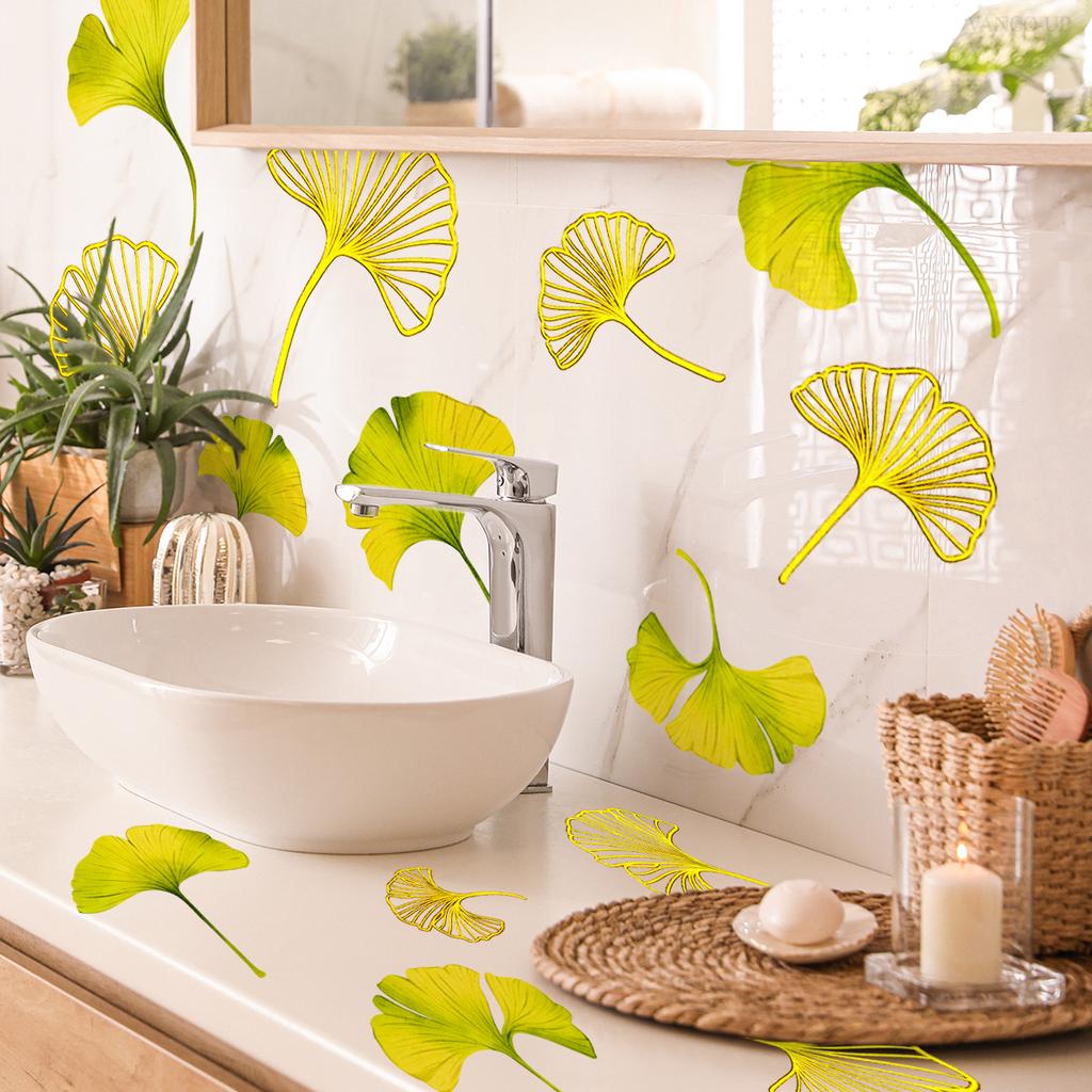 Tj11045 Hand-Painted Green Plant Ginkgo Biloba Leaf Bronzing Wall Sticker Decoration Children'S Room Bedroom Background Self-Adhesive Wall